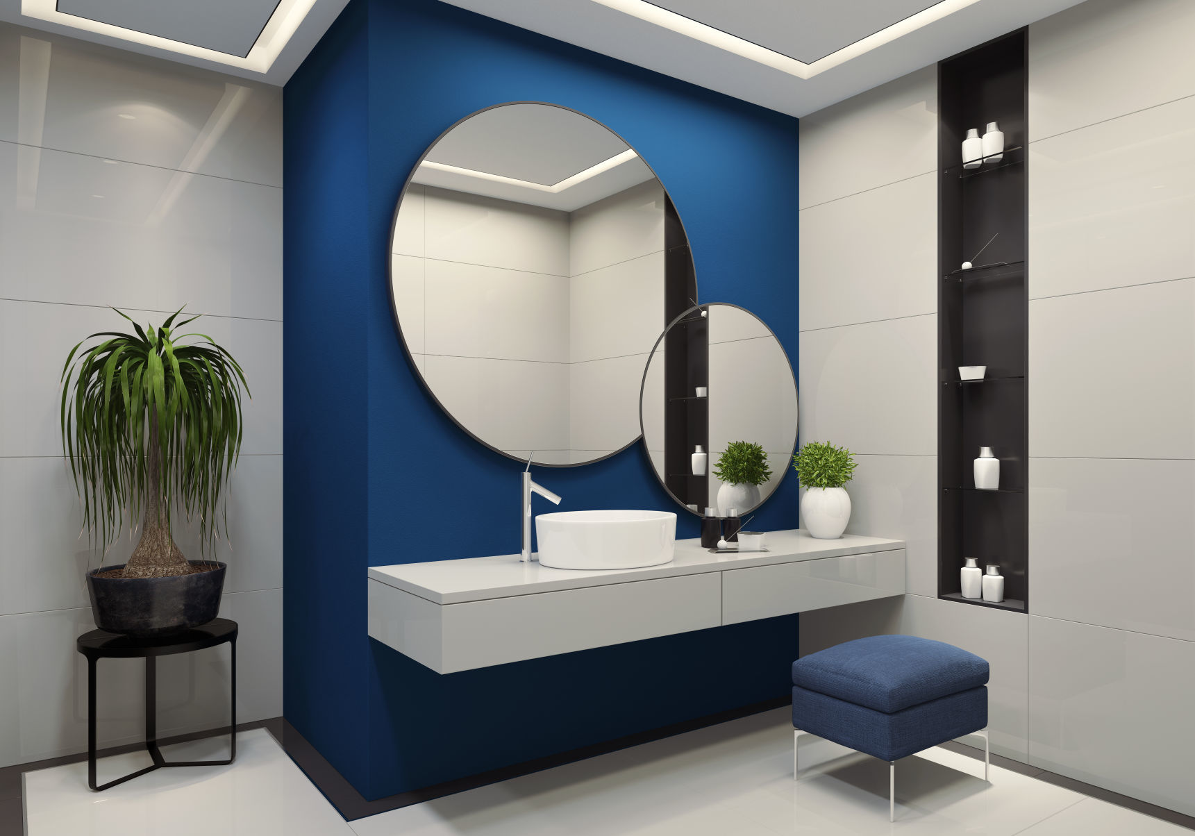 Luxury minimalist bathroom with royal blue wall and large white tiles